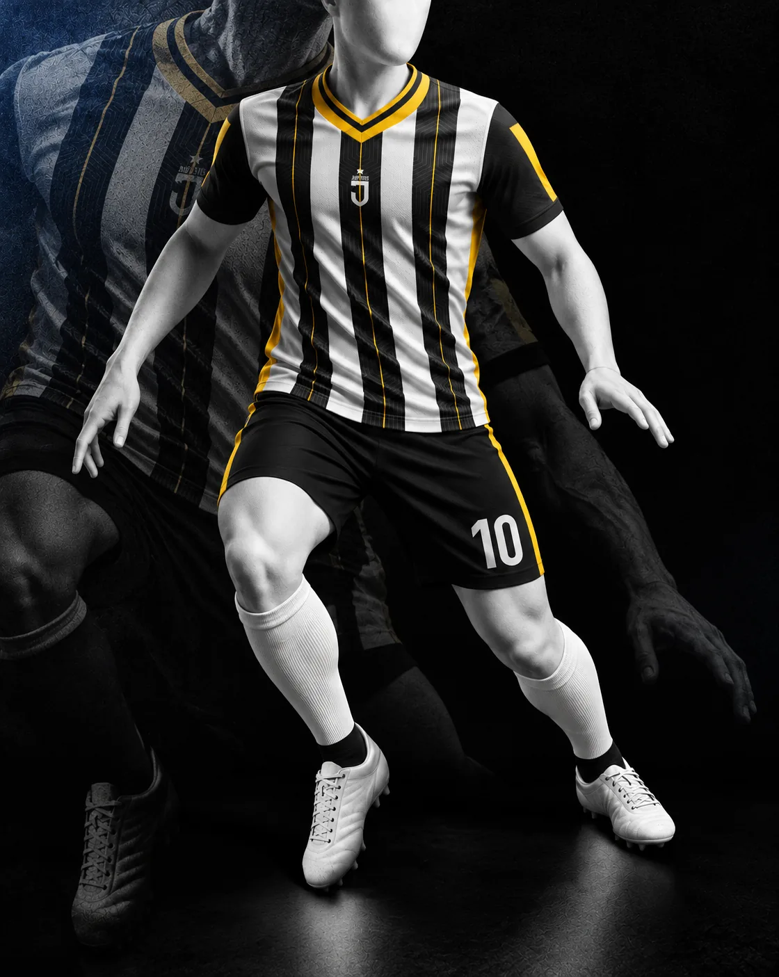Uniforme de futbol en blanco y negro con detalles dorados sobre un maniquí, con siluetas de jugadores al fondo